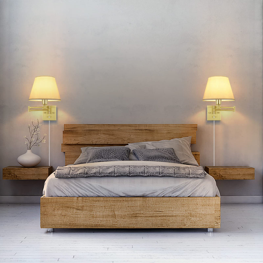 Wall Sconce Plug in, Brushed Brass Dimmable Wall Sconces Set of 2 Swing Arm Wall Lights with Plug in Cord and Dimmer