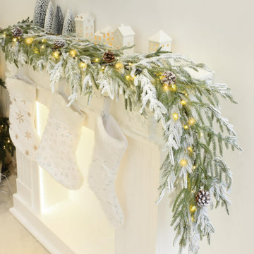 2PCS 6FT Norfolk Pine Garland Flocked Garland with Lights Pinecone
