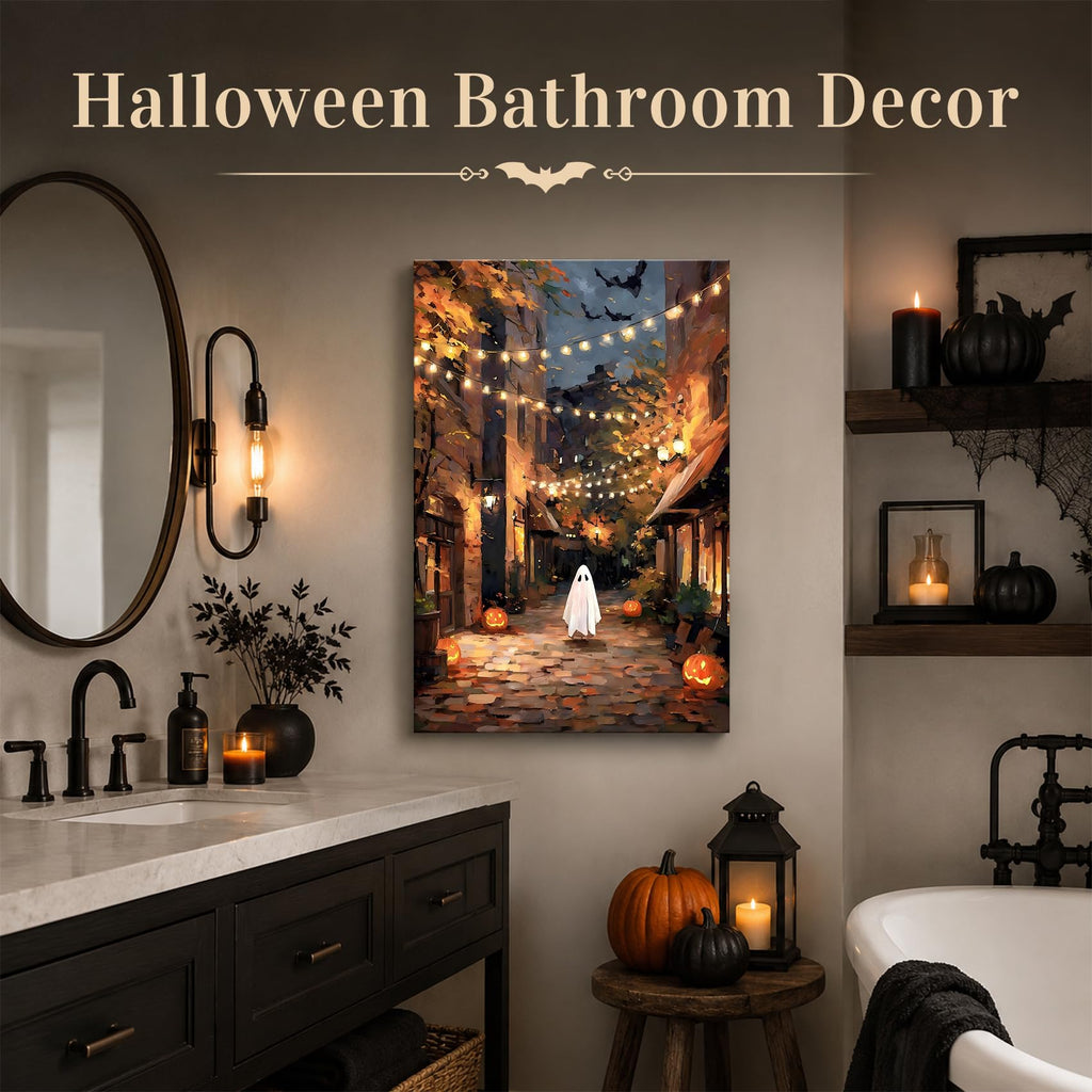 Framed Halloween Ghost Street Wall, Pumpkin Lantern Night Town Canvas Prints, Cozy Spooky Wall Decor Pictures Canvas