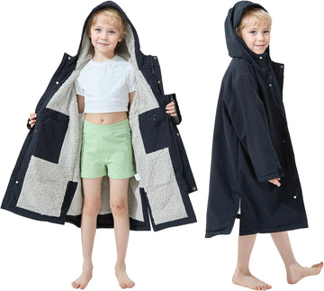 Waterproof Swim Parka for Kids Youths and Adults - Unisex Hooded Surf Poncho, Oversized High-Low Hem Windproof