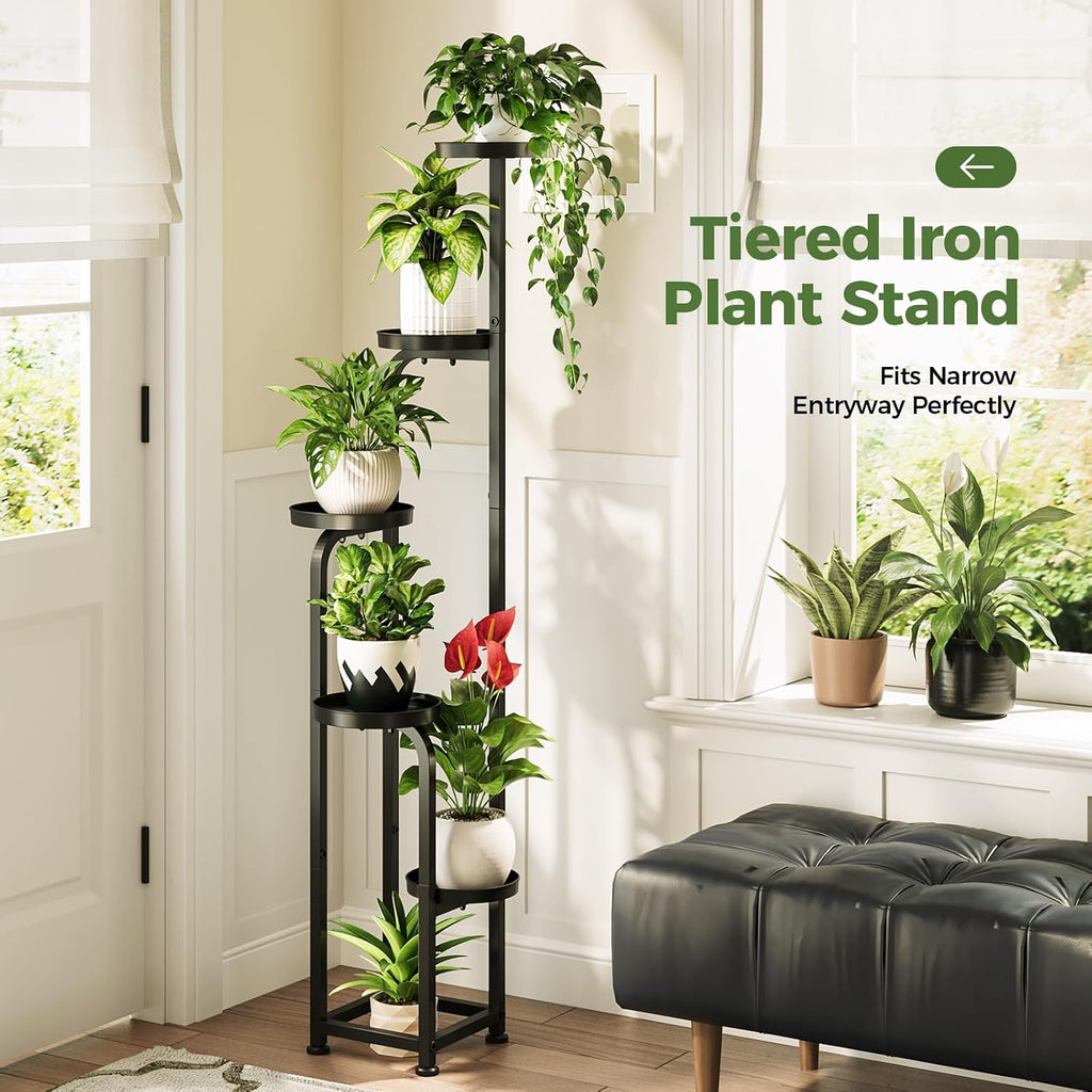 Tall Plant Stand Indoor Outdoor Corner Metal Flower Pot Stands | 5 Tier Black Heavy Duty Plant Shelf for Multiple