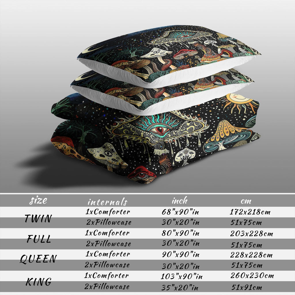 Mushroom Comforter Set Queen Green, Hippie Bedding Sets Queen, Goth Comforter Boho Style Queen Size Quilt