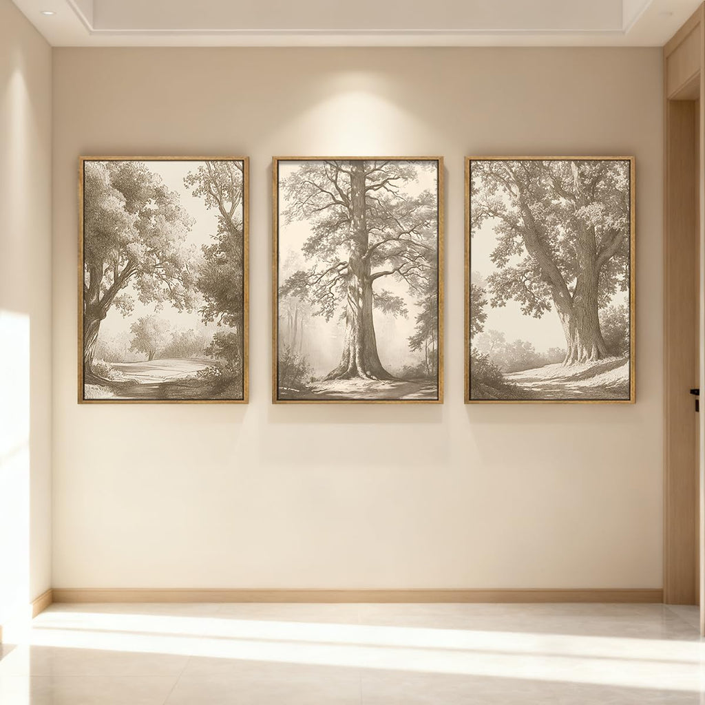Vintage Tree Canvas Wall Art Framed Rustic Tree Landscape Sketch Antique Painting Neutral Forest Wall Decor 16x24
