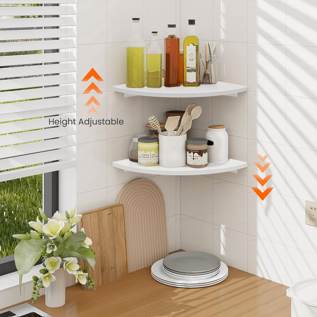 Corner Wall Shelf, 12 in Wide Rounded Corner Shelf Floating, Set of 2 Wooden Hanging Corner Shelves with Wire Hole