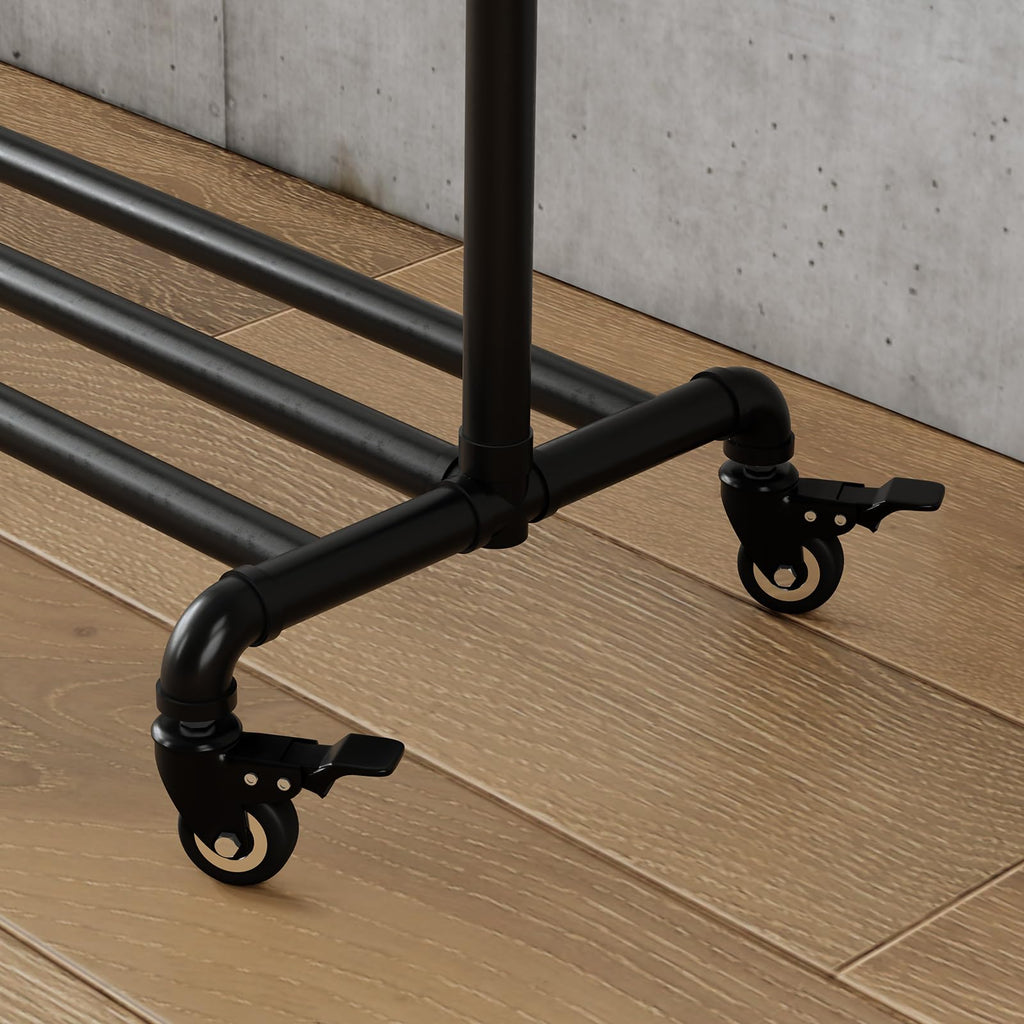 Industrial Pipe Clothing Rack with Wheels, Rolling Garment Rack with Bottom Shelf, Sturdy Clothes Rack for Hanging