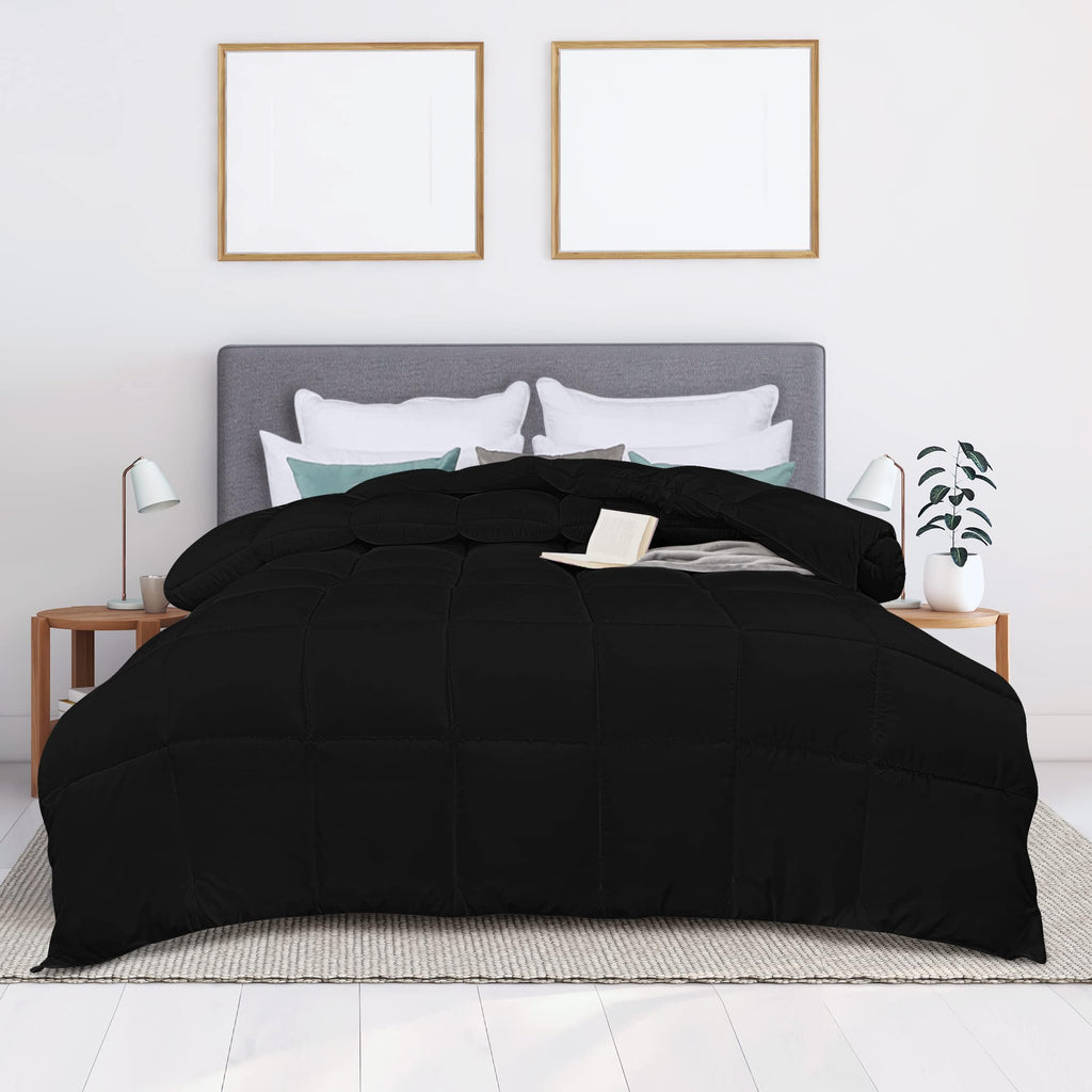 Comforter Duvet Insert, Quilted Comforter with Corner Tabs, Box Stitched Down Alternative Comforters (Black, King UK)