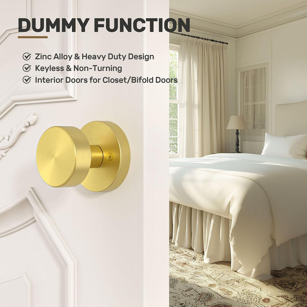 2 Pack Gold Dummy Door Knob Satin Brass Dummy Door Knobs Interior, Round Modern Door Knob Brushed Gold Dummy Door