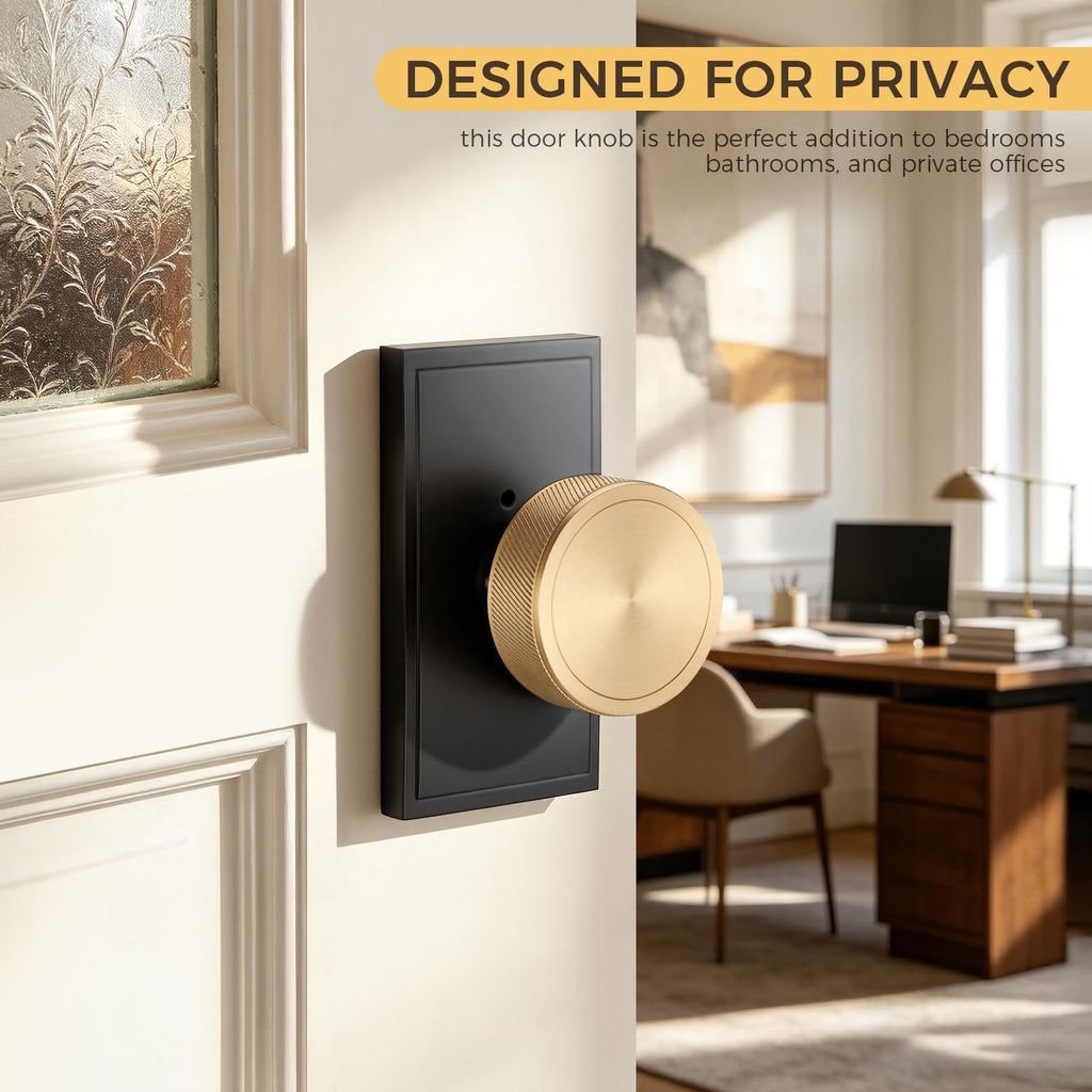 Knurled Matte Black & Brass Square Rosette Privacy Door Knob