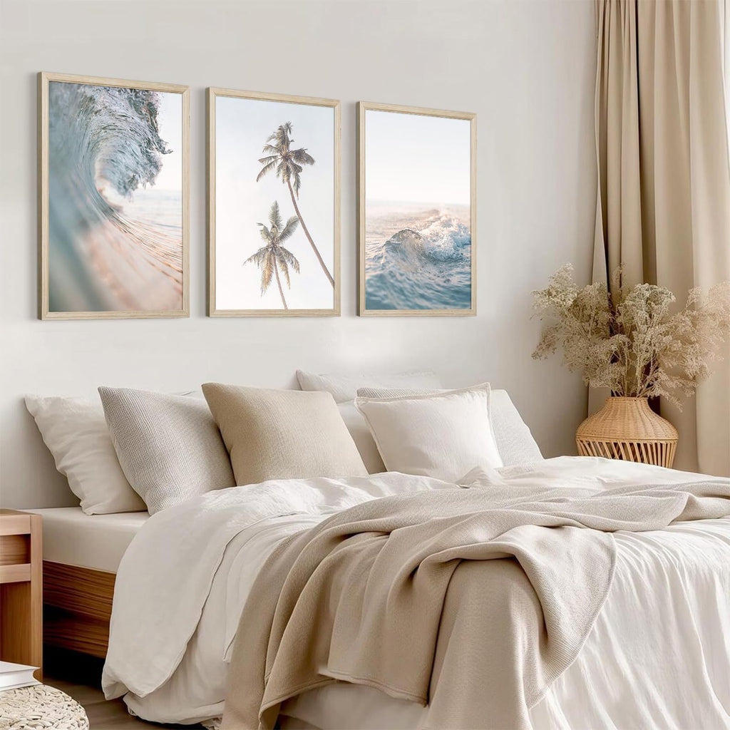 Beach Wall Art Pictures Coastal Canvas Wall Decor Ocean Waves Poster Blue Beach Scene Artwork Palm Tree Art Coastal