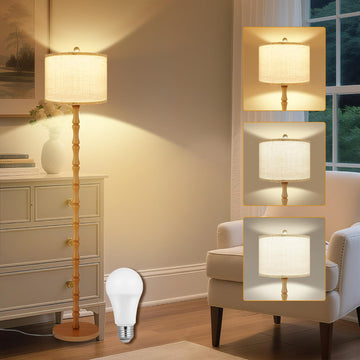 Wood Floor Lamp Linen Shade 3 Color Temp Dimmable Rotary Control
