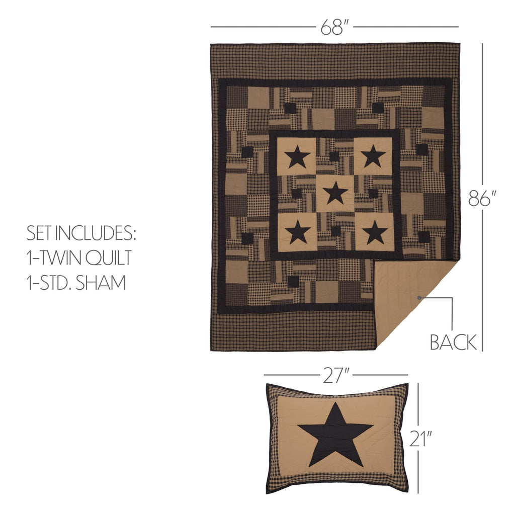 Black Check Star 2 Piece Quilt Set Country Rustic Primitive Design, Black and Tan