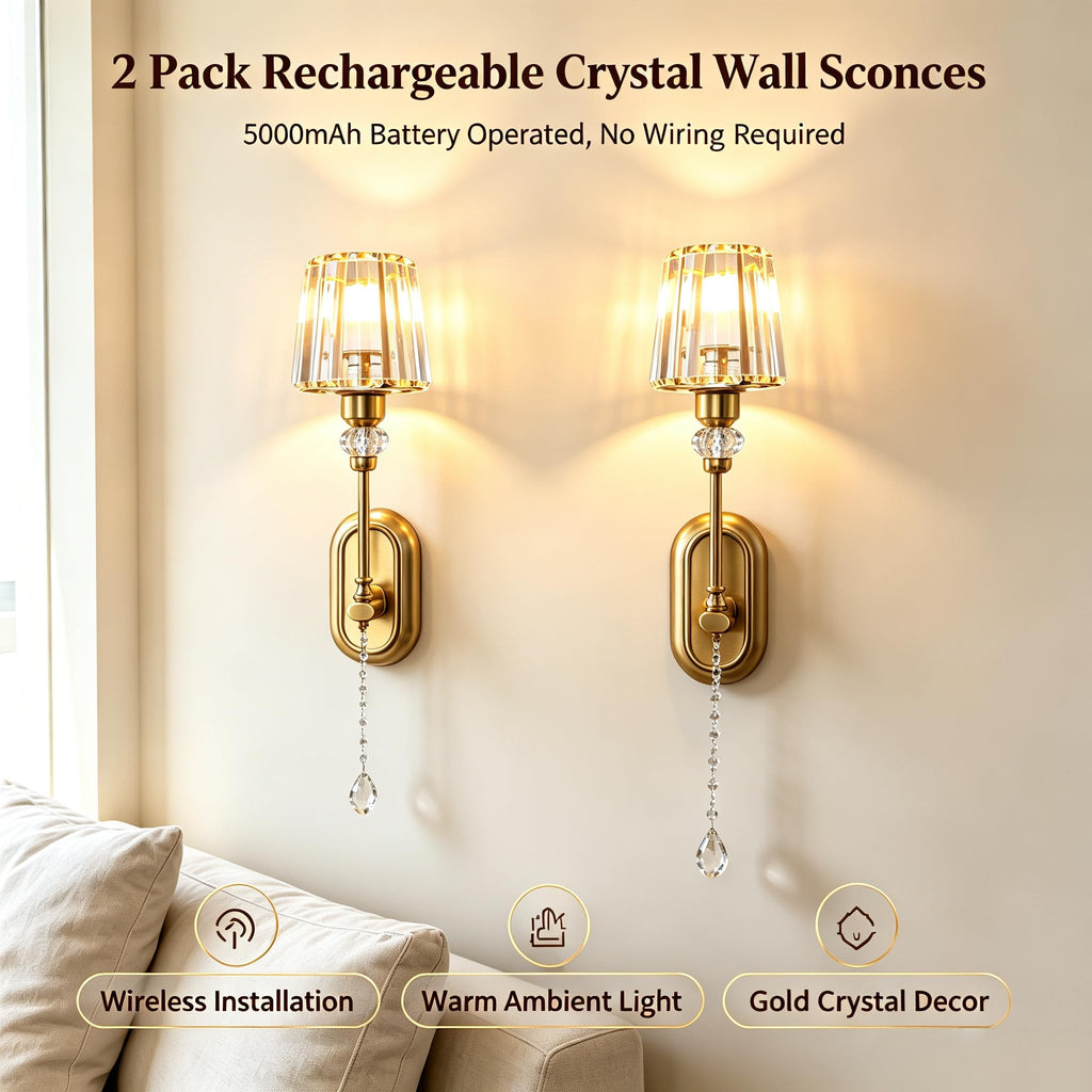 2 Pack Rechargeable Gold Crystal Wall Sconces, 5000mAh Battery Operated Wireless Wall Lamp, 15 Color Changing