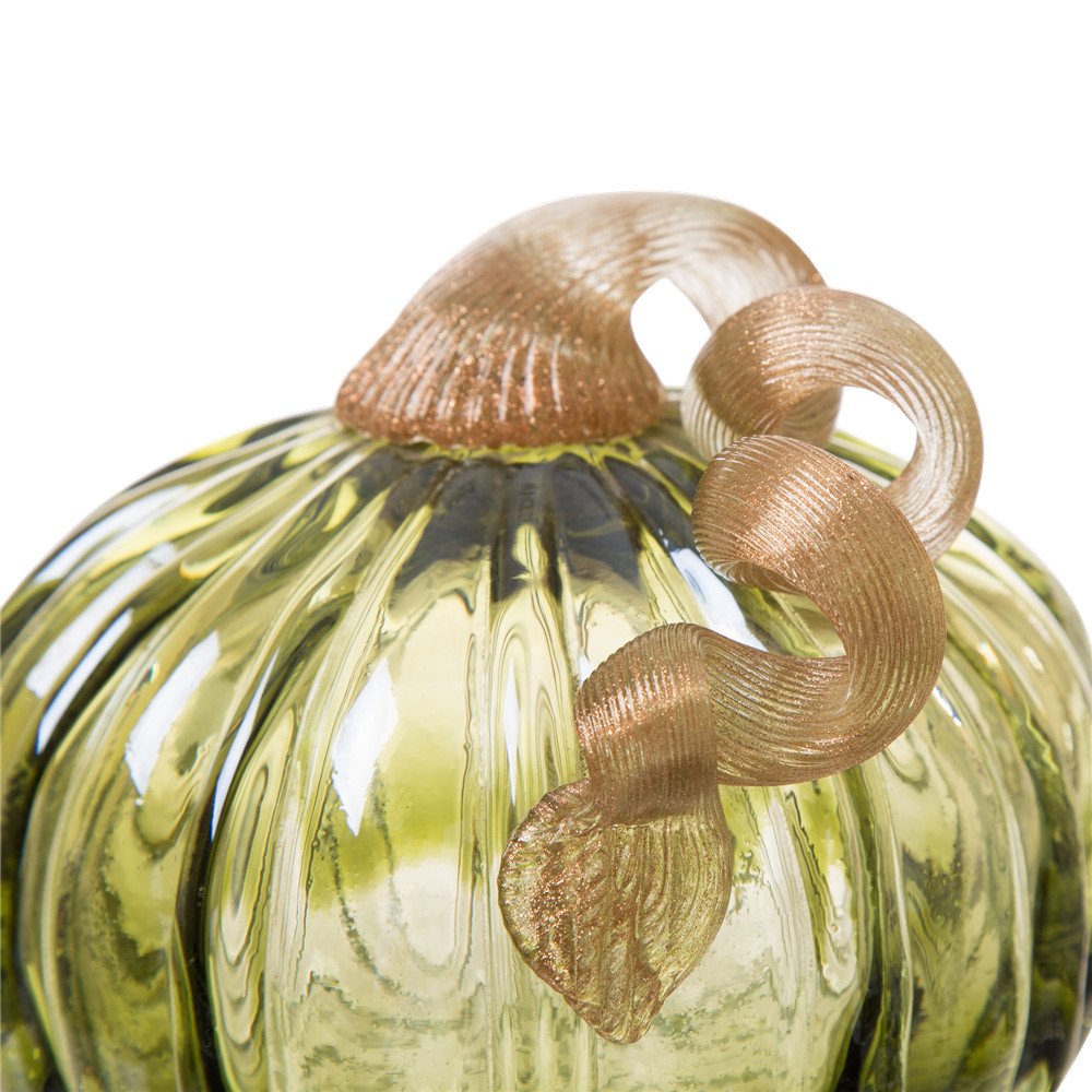 4.72 Inch Hand Blown Two-Tone Green Crackle Glass Pumpkin Table Accent for Fall Harvest Decoration
