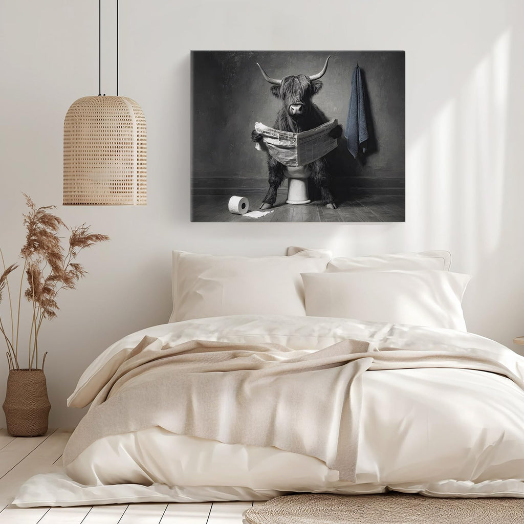 Highland Cow Reading Newspaper on The Toilet Canvas Print Wall Art - Funny Animal - Wall Decor Modern Artwork