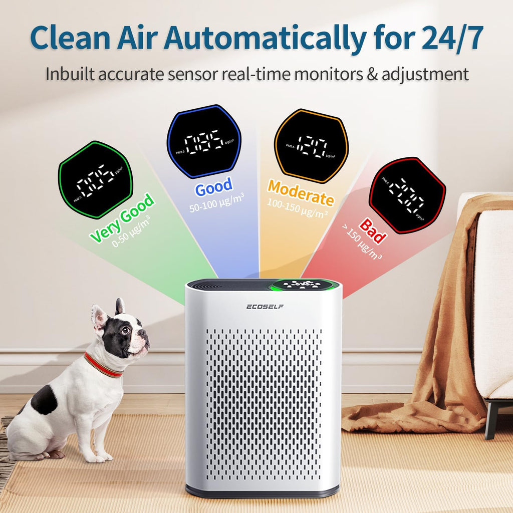 Air Purifier for Large Room, Cleans 2,400 ft² in 30 Mins, 3-Stage True HEPA, 360° Airflow, Large Tou