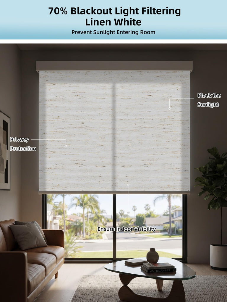 Motorized Smart Roller Shades, 70% Blackout Linen White