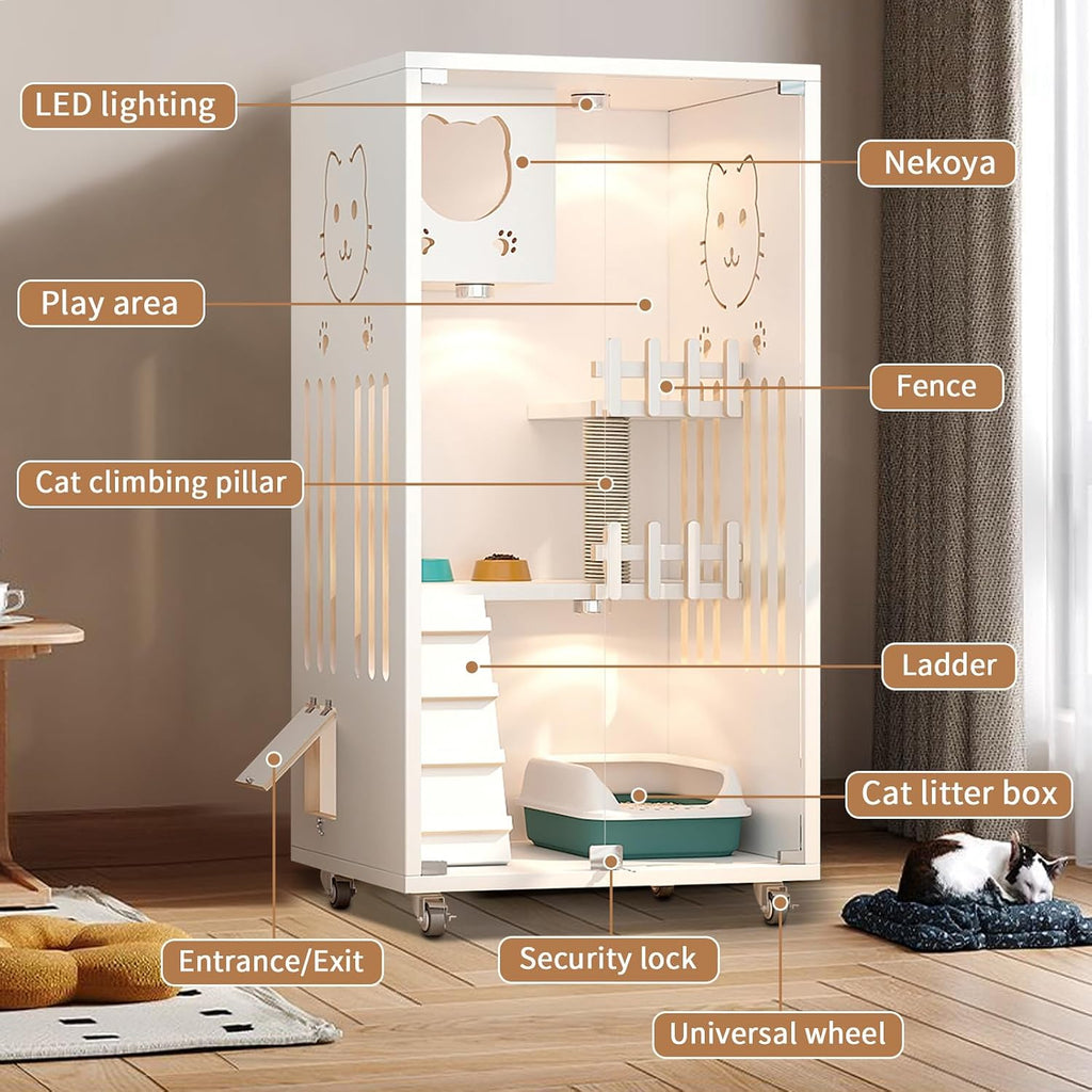 Large Wooden Cat House, Indoor Cat Condo Enclosed, Multi-Feature Luxury Cat Villa with Wheels Scratching Post, Wooden