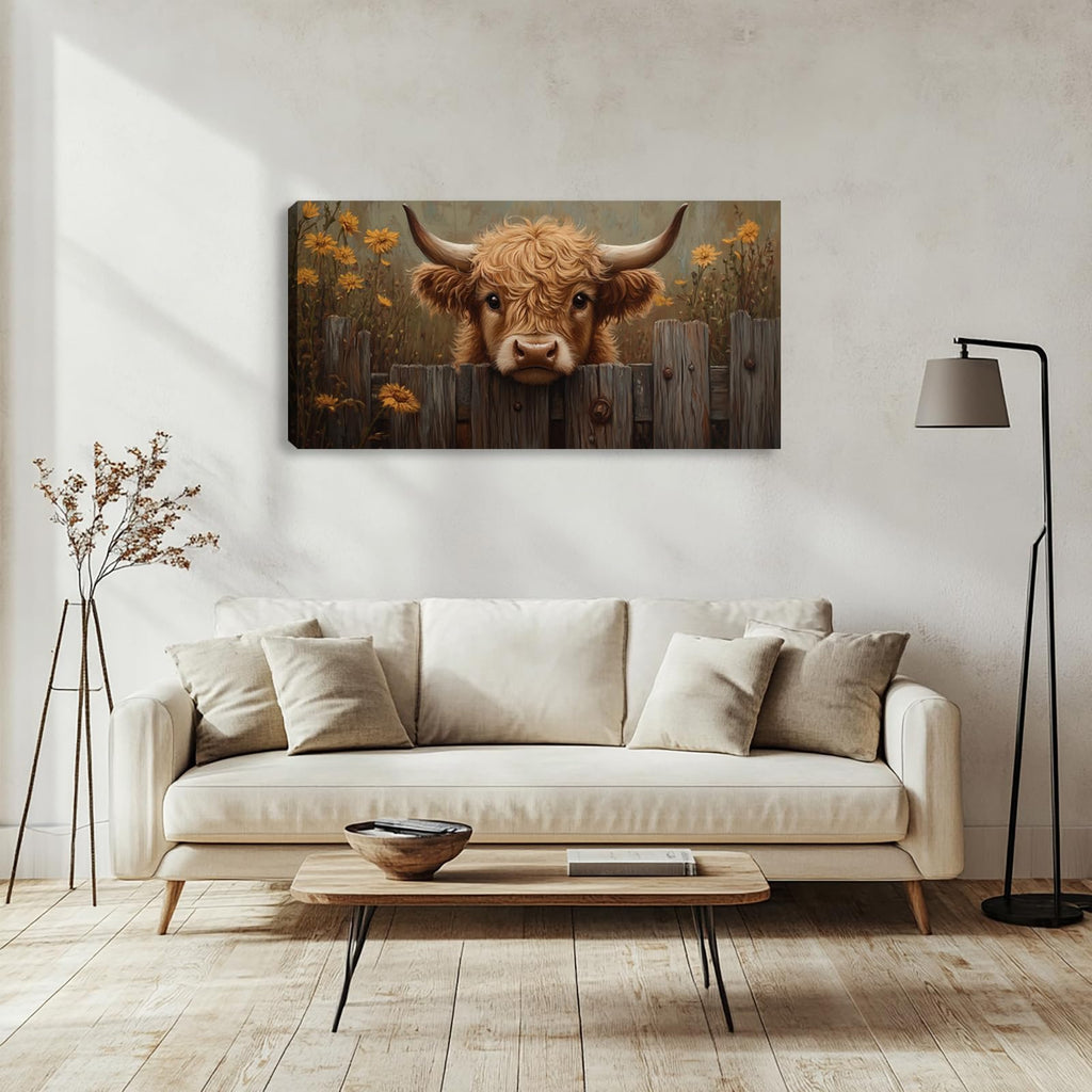 Highland Cow Wall Art Wildflower Canvas Painting Prints Rustic Retro Highland Cattle Wall Decor Artwork Farmhouse