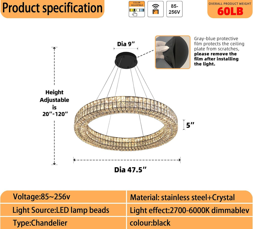 47.5 inch Large Black Chandelier Round Crystal Chandelier Light for High Ceiling Ring Pendant Hanging Ceiling Light Led Dimmable 2700k-6000k A122-B0CHMHKS63