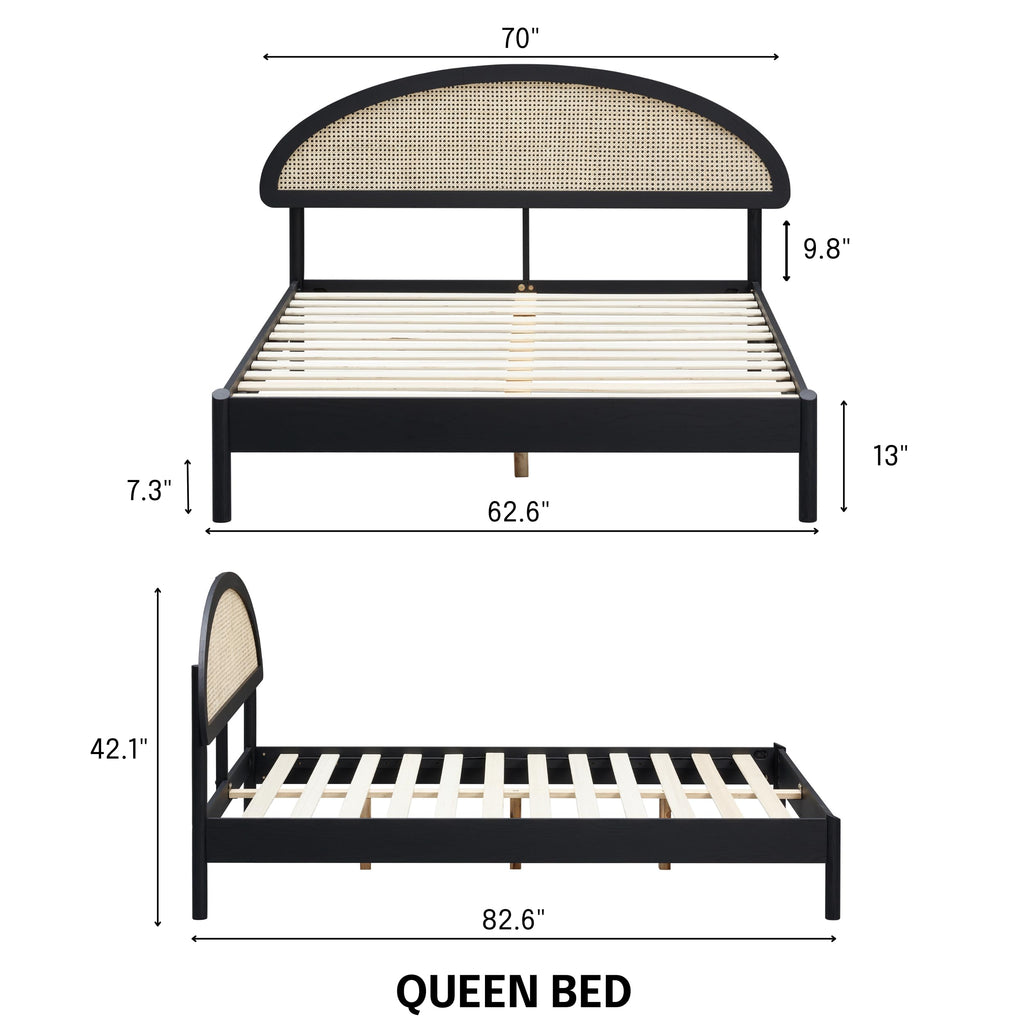 Gem Wooden Bed Frame with Headboard and Natural Rattan, Solid Oak Foundation with Silent Slats, 1000 Lb Capacity