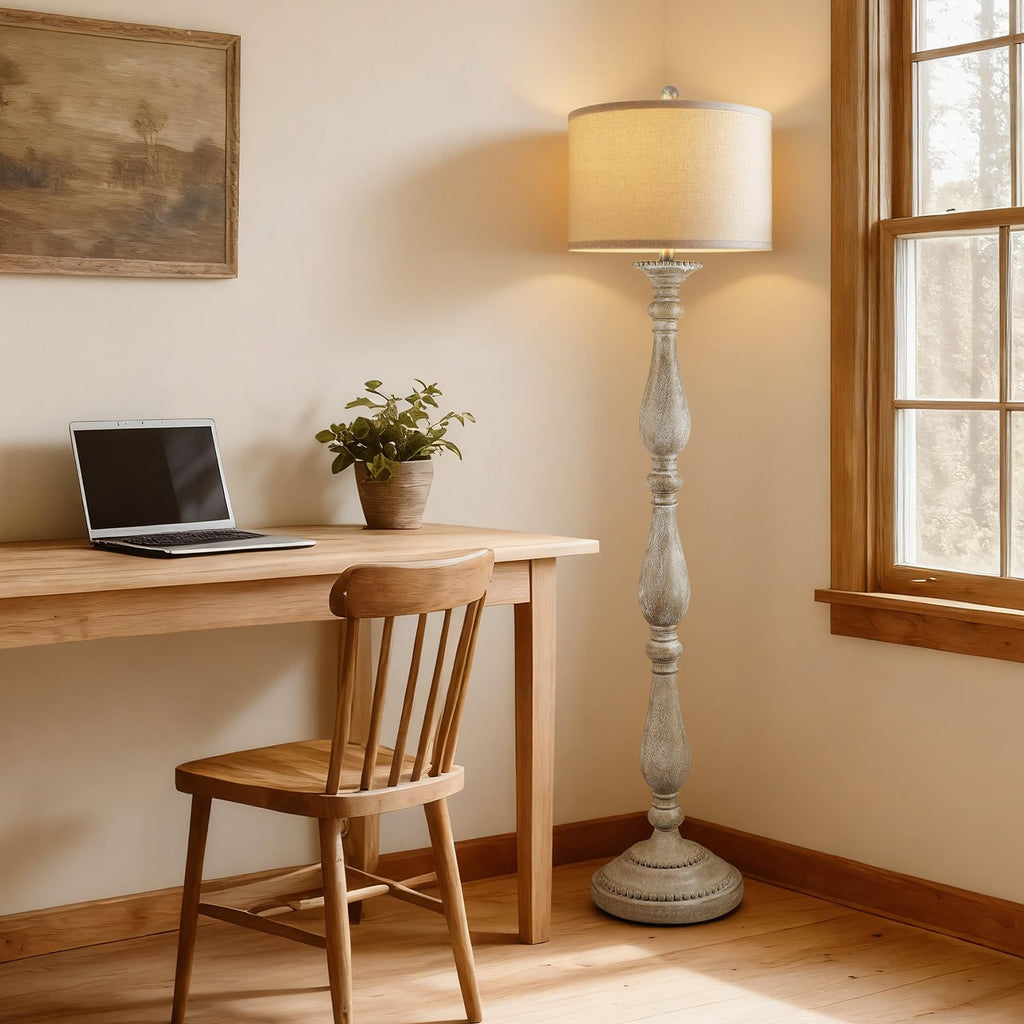 Vintage Floor Lamp, Rustic Farmhouse Standing Lamp with Rotary Switch and Linen Shade, Retro Resin Floor Lamp