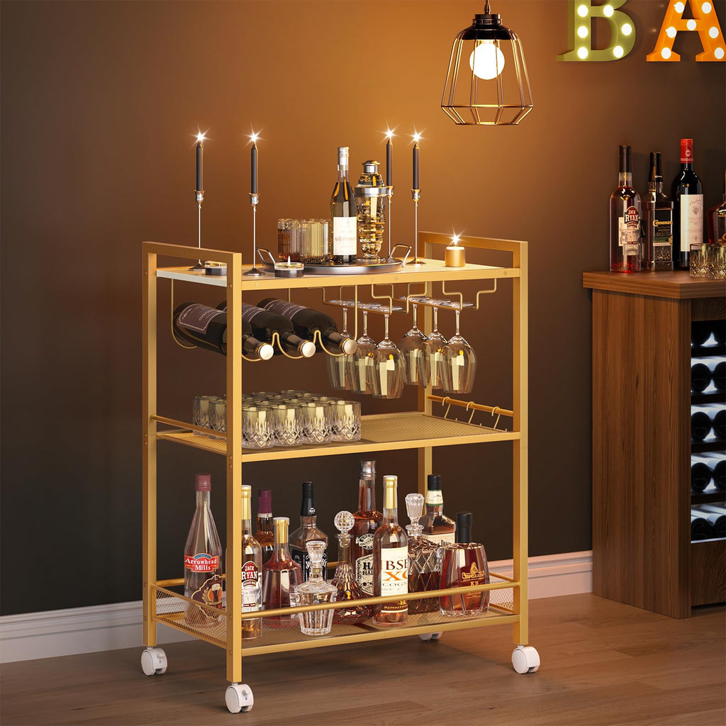 Bar Cart, 3-Tier Home Bar Serving Cart with Lockable Wheels, Gold