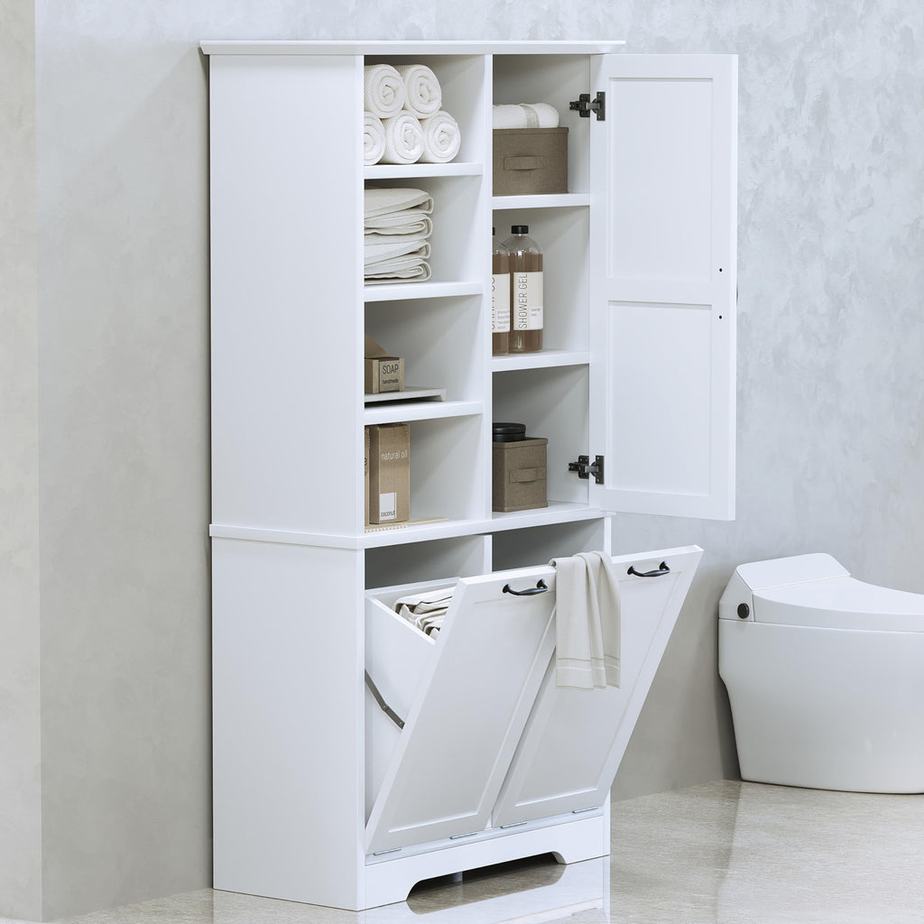 Cabinet with Tilt-Out Laundry Hamper Basket, Tall Bathroom Storage Organizer Linen with Open Shelf, Freestanding