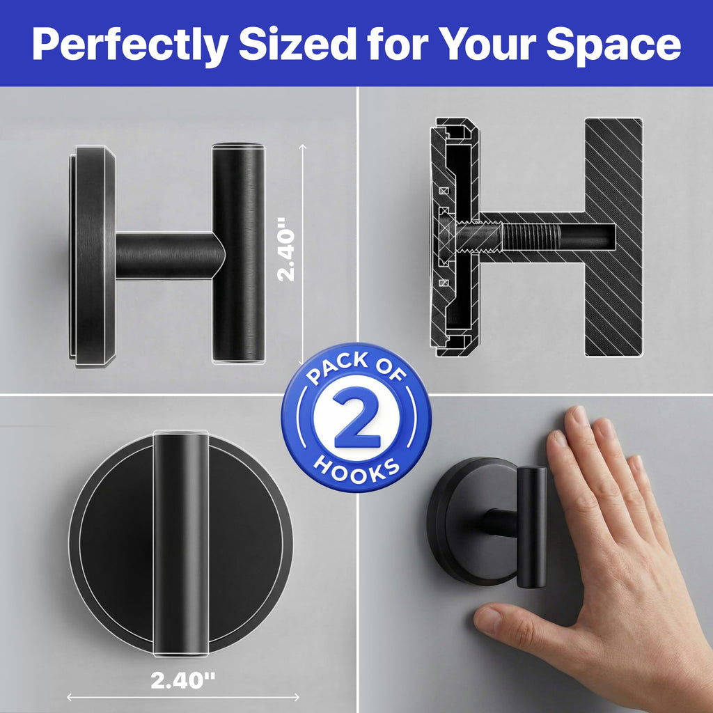 Suction Cup Hooks Towel Holder T-Shape 2-Pack Black