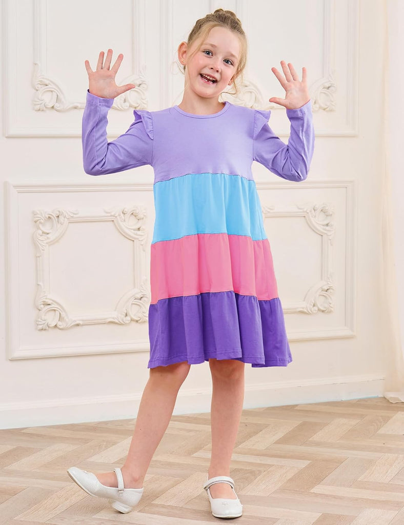 Girl's Dresses Cotton Ruffle Sleeve Tiered Swing A-Line Cute Midi Casual Sundress