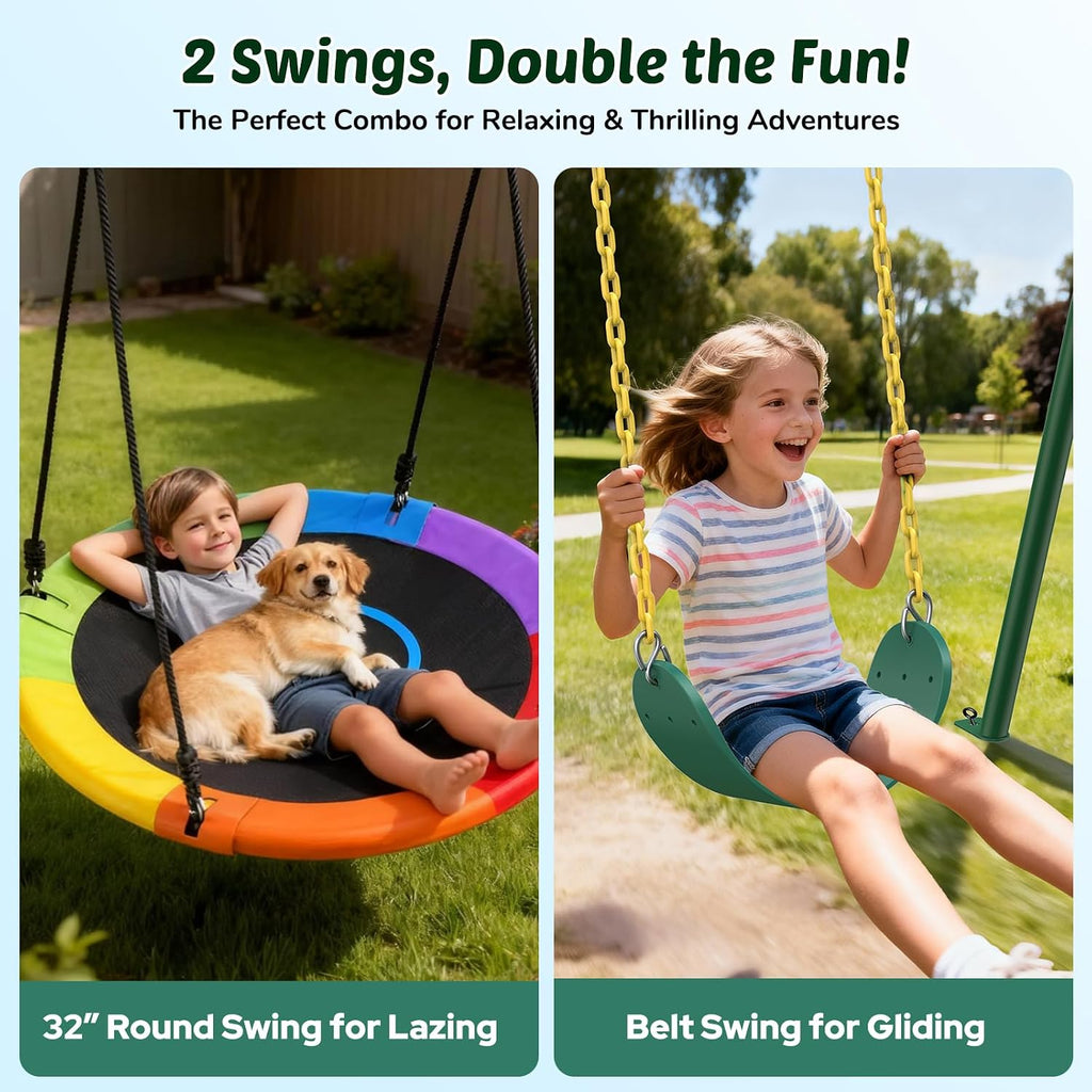 440lbs Swing Sets for Backyard, 2 Seat Saucer & Belt Swing - Green | Dual Swing Options, Heavy Duty A-Frame Metal