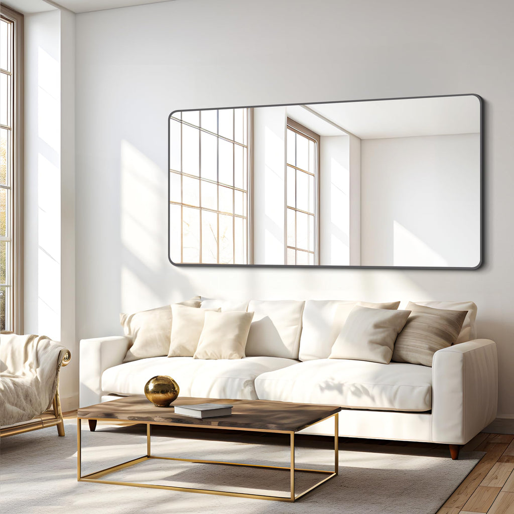Bathroom Mirror 30" X 60", Large Rectangular Wall Mirror, Black Metal Framed Rounded Corner Wall Mounted Mirror
