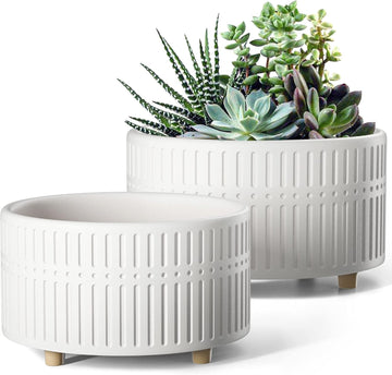 Succulent Pots, 6.5+8 Inch Ceramic Indoor Plant Pot with Drainage Hole, Shallow Round Succulent Planters, Set of 2