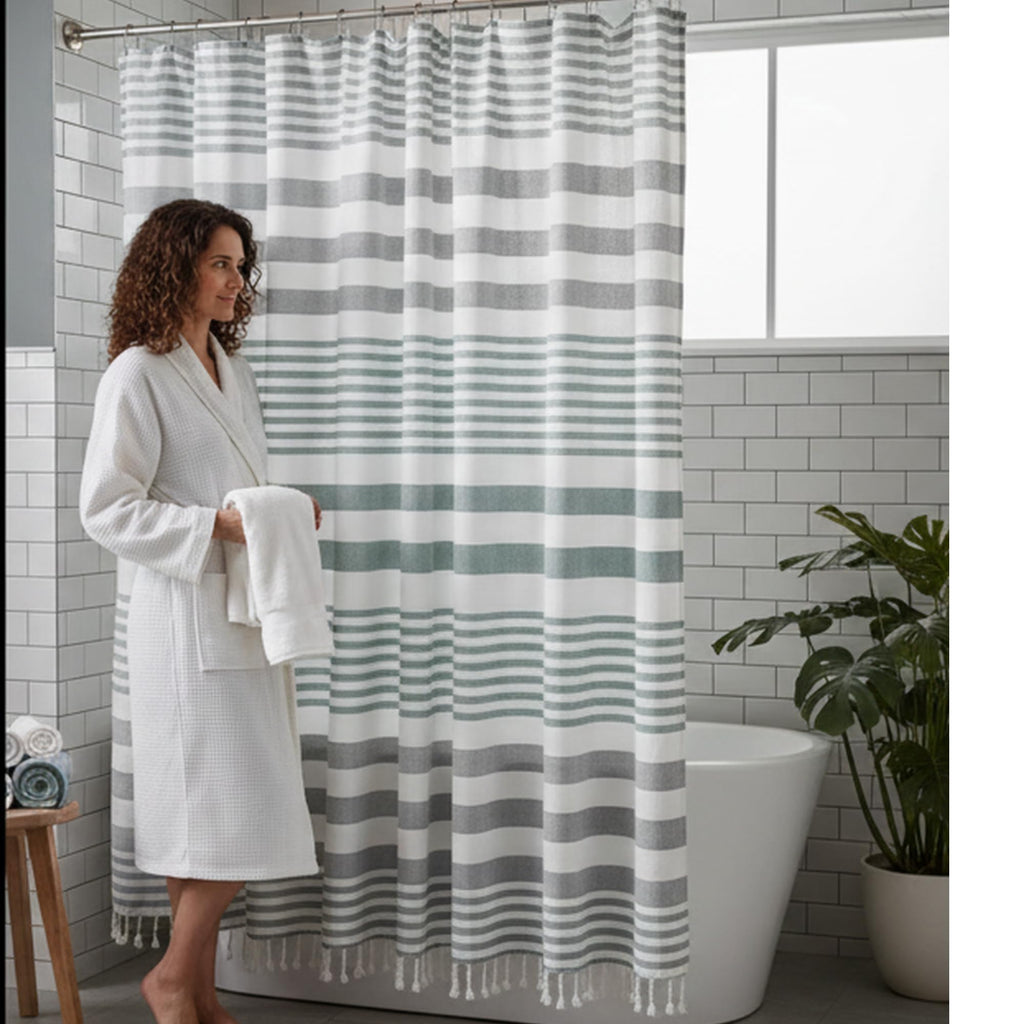 Teal Green & White Striped Cotton Shower Curtain with Fringe