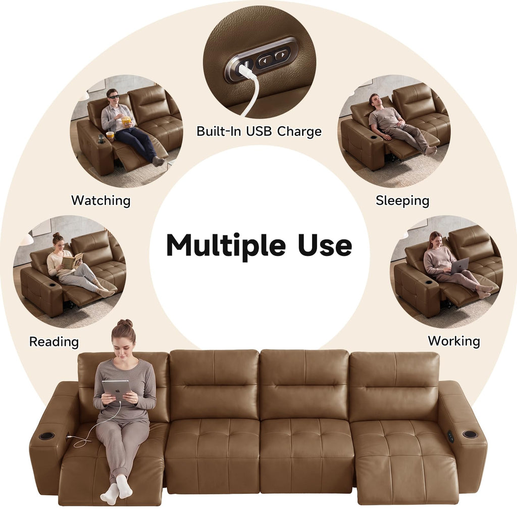 Power Recliner Sofa Genuine Leather Wall Hugger Recliners with USB Port 4-Seater Sofas with 2 Cup Holders, Brown