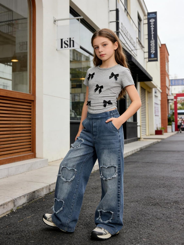 Girls 2 Piece Outfits Bow Short-Sleeved Top and Jeans Pants Clothing Set