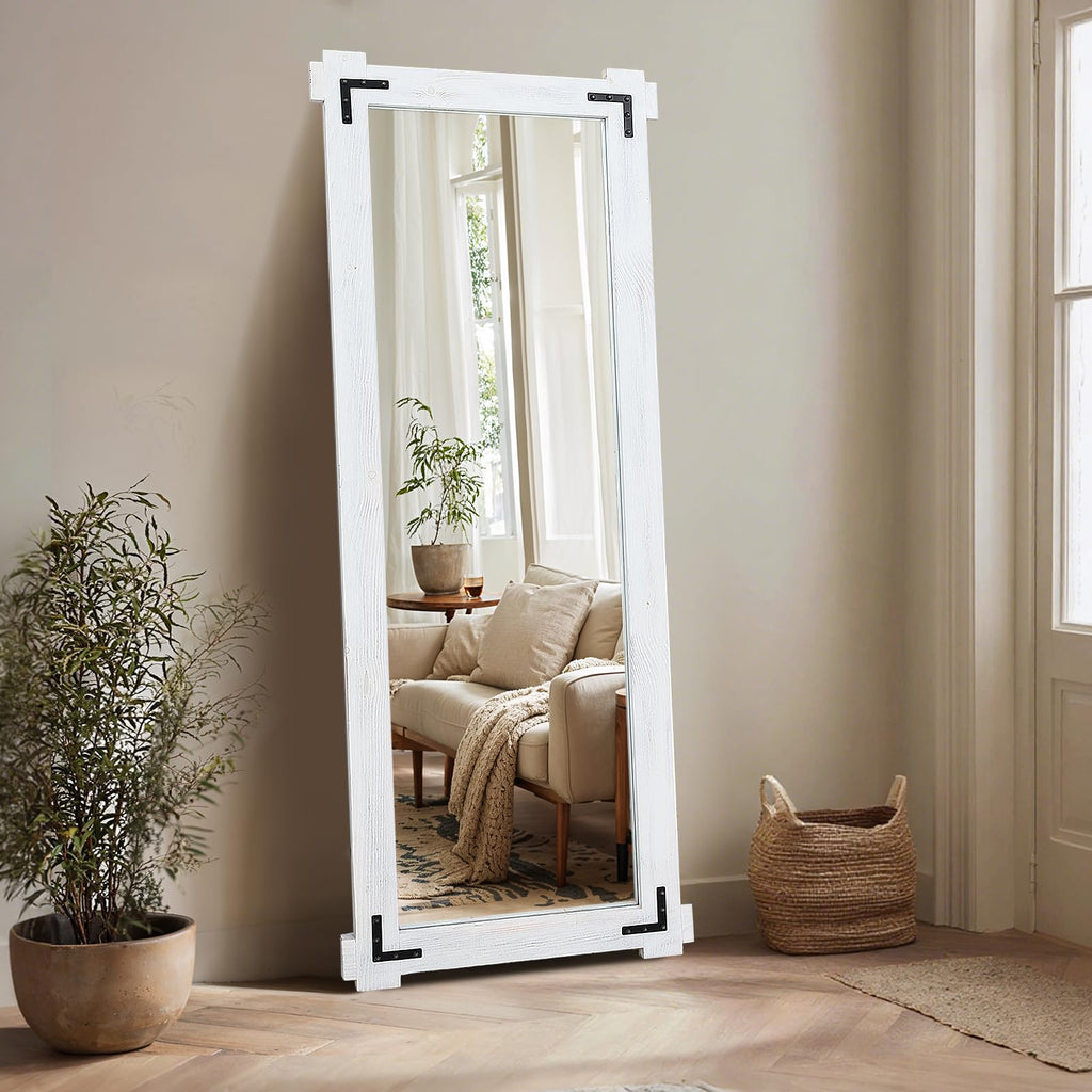 65x24 Inch Full Length Mirror, Pine Wood Frame Mirror, White