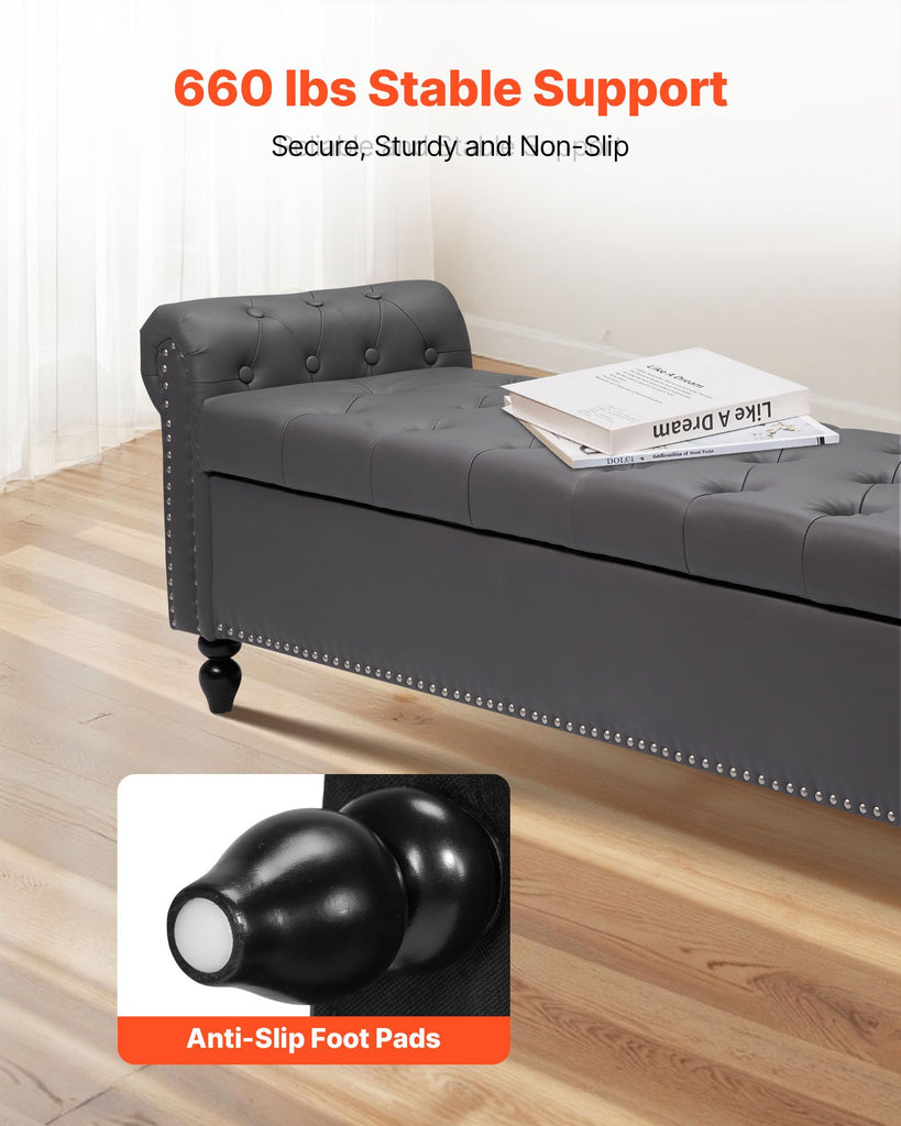 Button-Tufted Storage Ottoman Bench, Rolled Arm PU Leather Bench with Solid Wood Legs, Modern Shoe Benches Seat