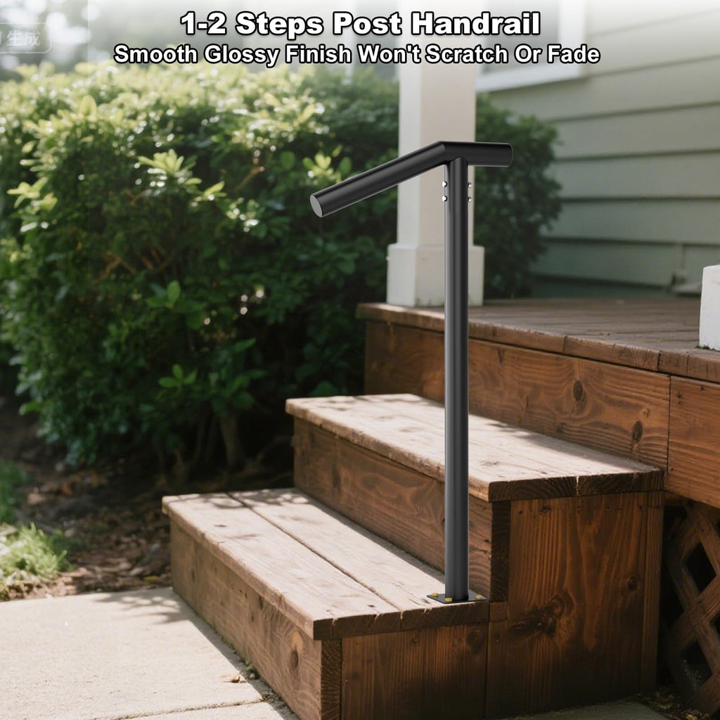 1-2 Step Single Post Handrail-Outdoor Stair Rail- Single Post Wrought Iron Handrail with DIY Tool Kit, 38" H Black