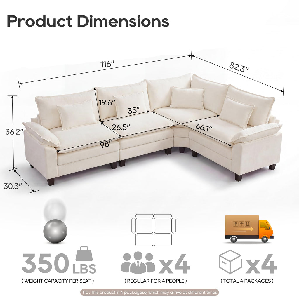 Oversized Modular Sectional Sofa, Ivory:116" V Shaped