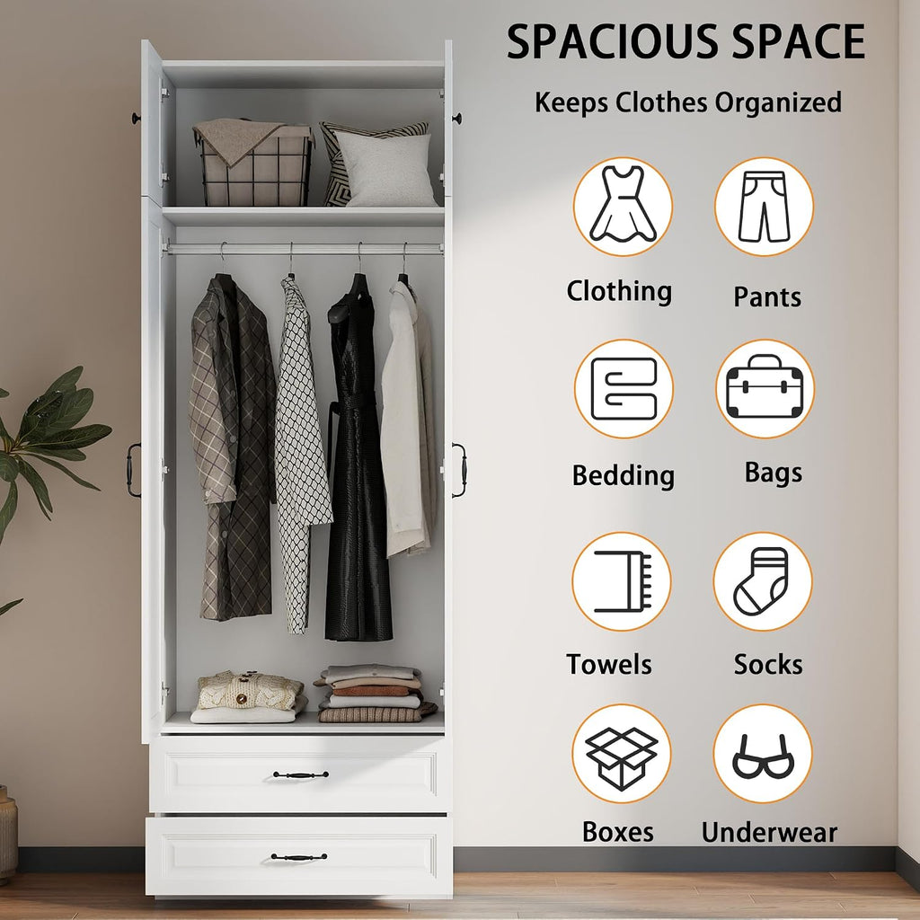 Armoire Wardrobe Closet with Drawers: 31.5" Large Wood Wardrobe Closet with 2 Doors and 2 Drawers, Modern Clothes