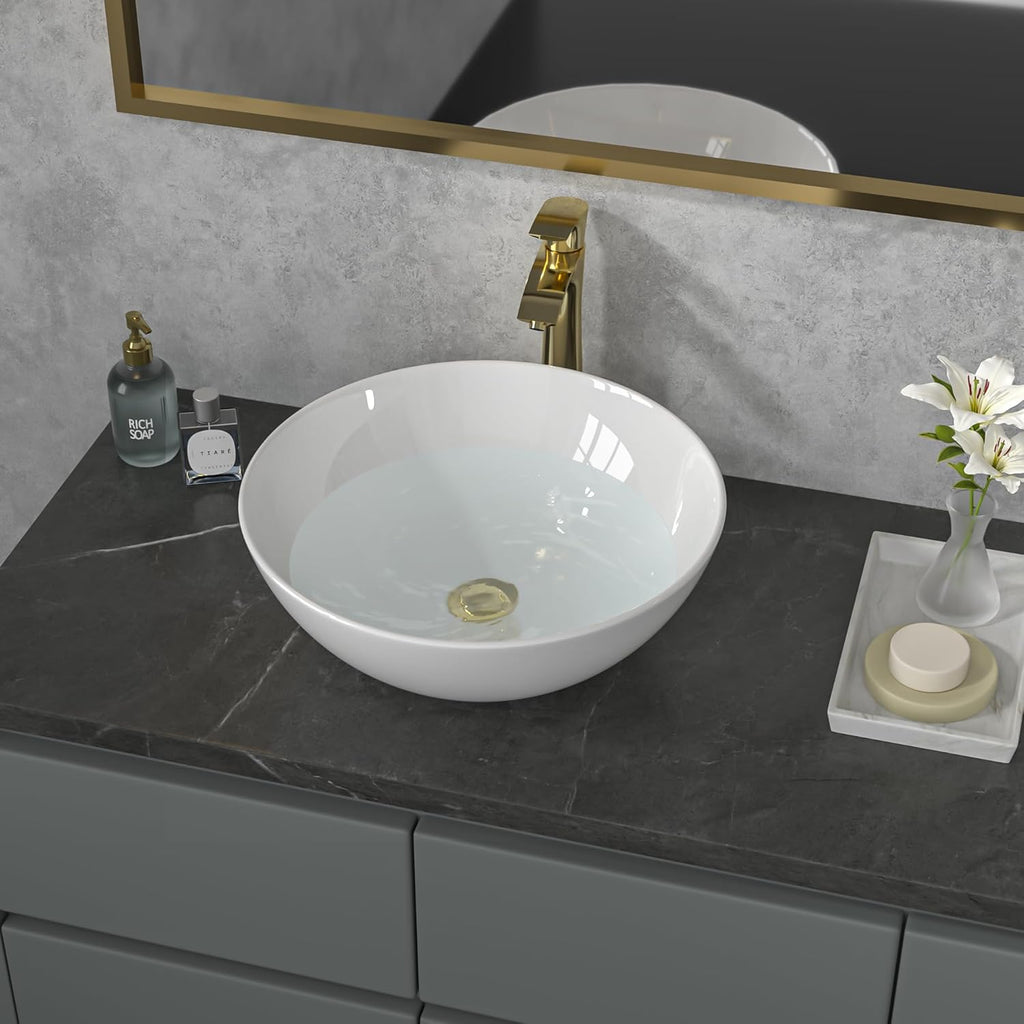 Sarlai Vessel Sink Round - 16"x16" Modern Round Bowl Above Counter White Porcelain Ceramic Bathroom Vessel Vanity Sink