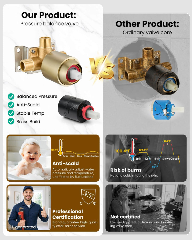Dual Shower Head Kit with Valve 6 Mode Handheld Brushed Gold