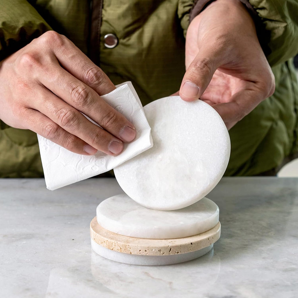 White Marble Coasters for Coffee Table, 3.9" Inches Handmade Round Coaster, Luxury Aesthetic Modern Drink - Set of 6