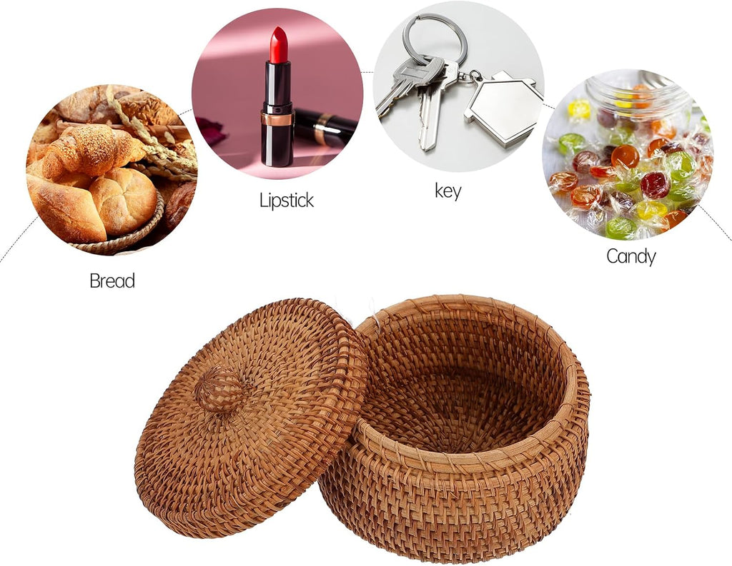 Handwoven Rattan Storage Box with Lid, Small Round Wicker Basket for Desktop Organization, Bathroom Shelf, Dresser