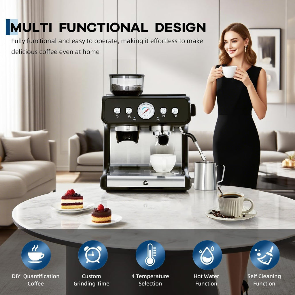Espresso Machine with Grinder, 20 Bar Semi Automatic Espresso Maker with 30-Setting Precision Coffee Grinder & Steam