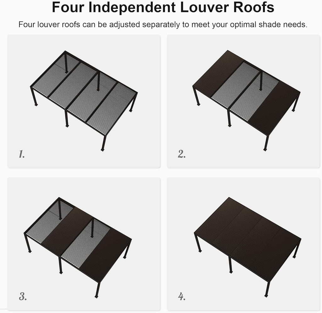 Outdoor 12' × 20' Louvered Pergola with Screens and Patio Adjustable Aluminum Canopy Retractable Metal Roof for Deck