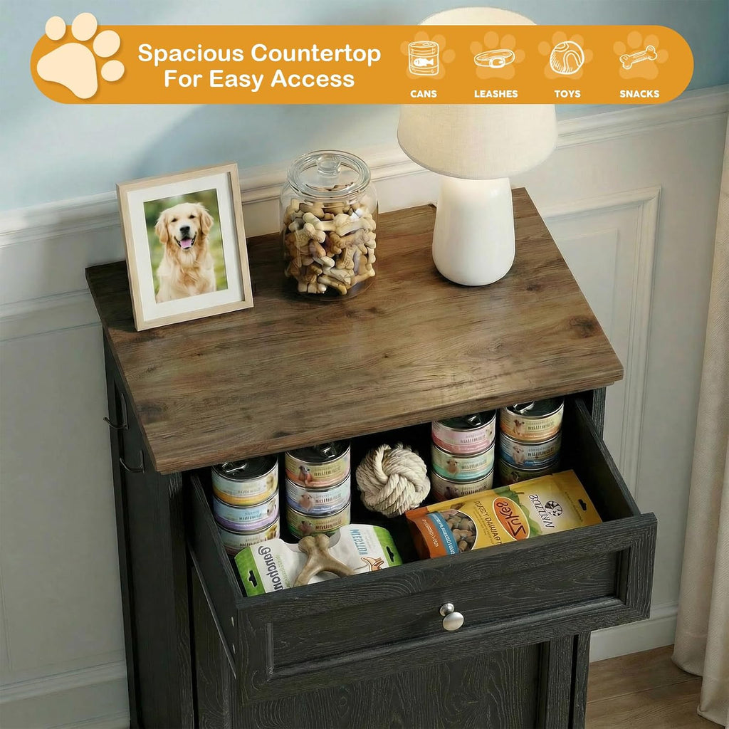 Dog Feeding Station with Storage Cabinet, Tilt-Out Door, Drawer (Black Oak)