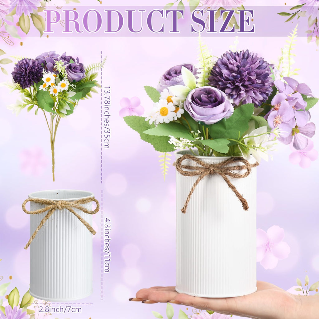6 Sets Wedding Centerpiece for Table Decoration Dark Purple Artificial Fake Rose Flower with Metal Vase Faux Silk