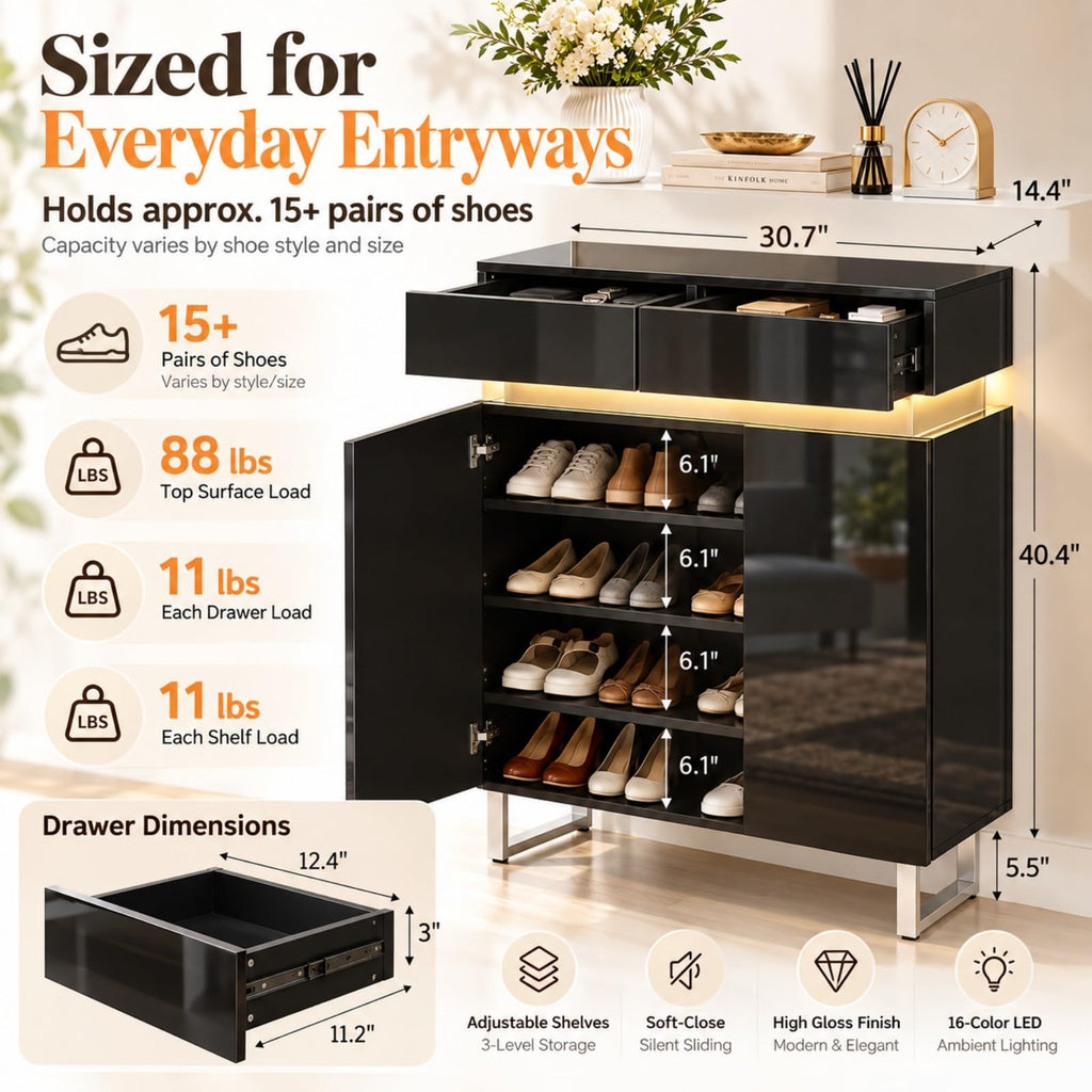 High Gloss Black Shoe Cabinet with LED Lights & 2 Storage Drawers