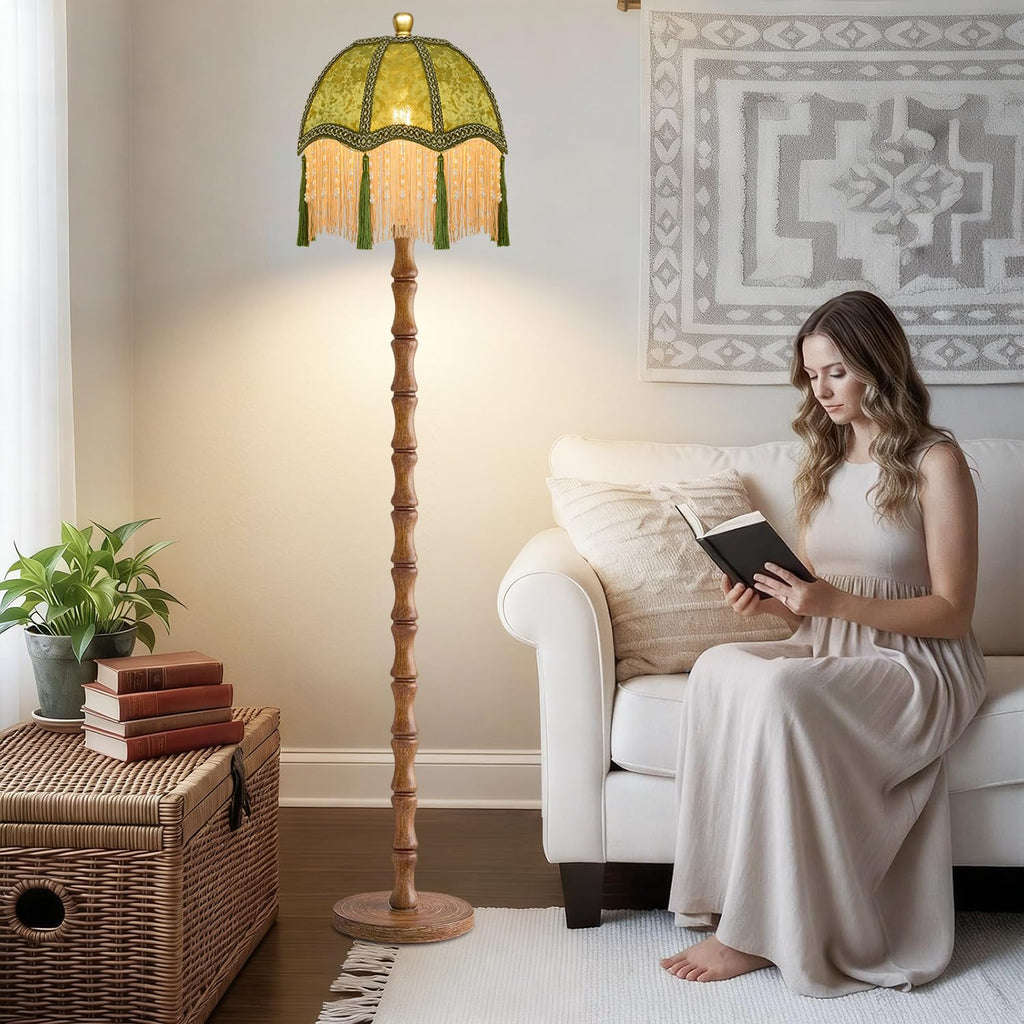 Wood Floor Lamps Boho Rustic Floor Lamp with Remote Control,Dimmable Vintage Floor Lamp Green Mid Century Modern